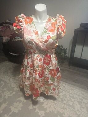 entro Floral Tiered Ruffle Mini Dress in Orange, Green & Cream Sz Large